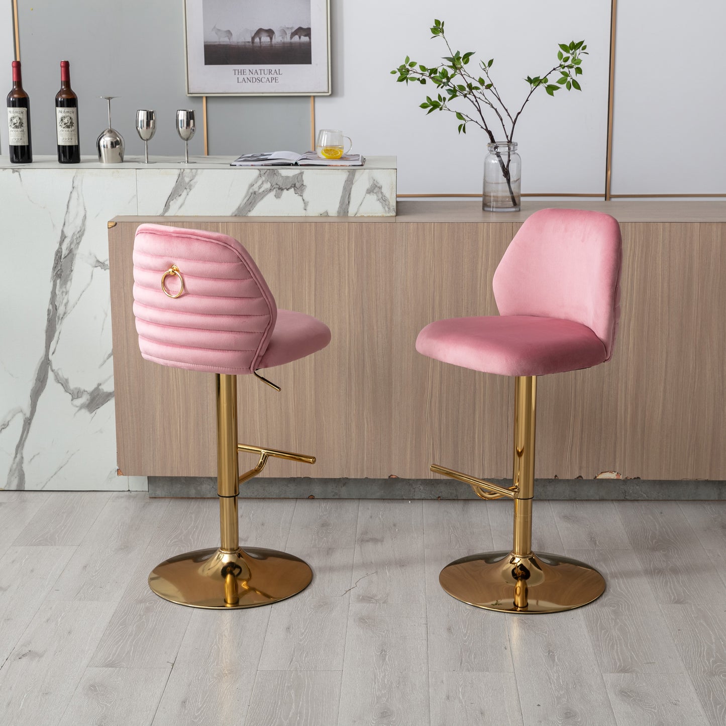 Swivel Bar Stools Chair Set of 2 Modern Adjustable Counter Height Bar Stools, Velvet Upholstered Stool with Tufted High Back & Ring Pull for Kitchen ,Chrome Golden Base,Pink