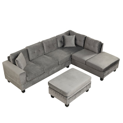 106.5" Modern Sectional Sofa with Storage Ottoman, L-Shape Couch with 2 Pillows and Cup Holder,Sectional Sofa with Reversible Chaise for Living Room,Gray