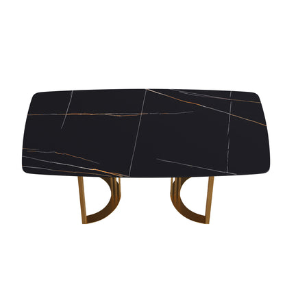 70.87"Modern artificial stone black curved golden metal leg dining table-can accommodate 6-8 people