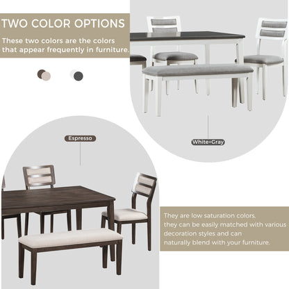 TREXM Classic and Traditional Style 6 - Piece Dining Set, Includes Dining Table, 4 Upholstered Chairs & Bench (White+Gray)