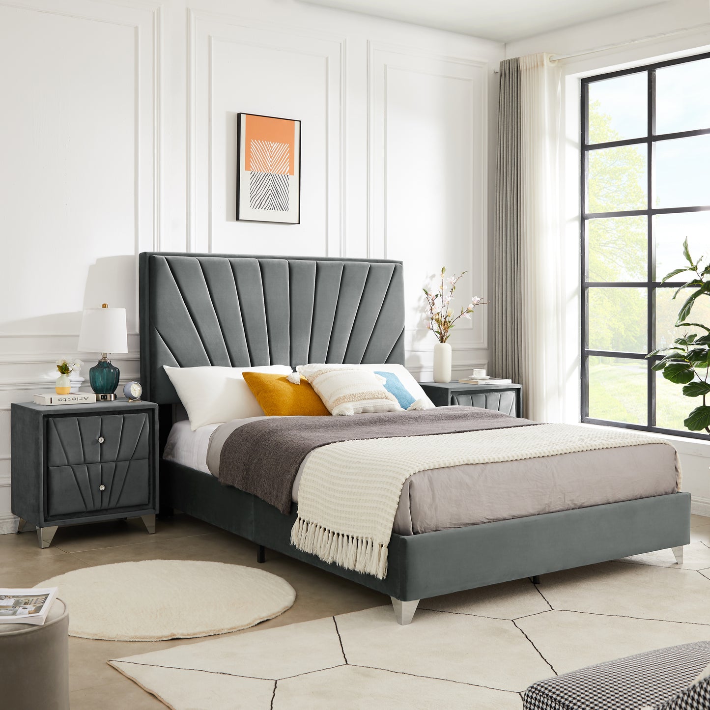 B108 Queen bed with one nightstand, Beautiful line stripe cushion headboard , strong wooden slats + metal legs with Electroplate