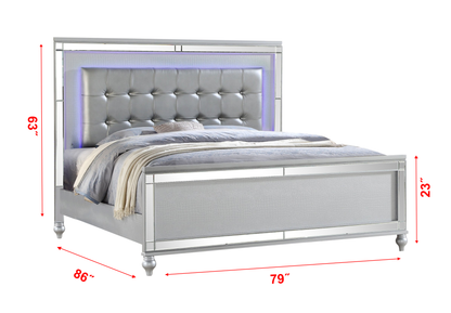 Sterling King Size Upholstered LED Bed made with wood in Silver Color