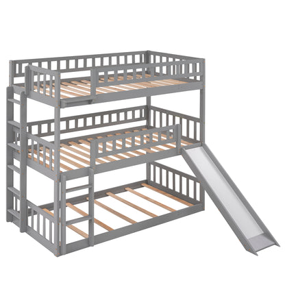 Twin-Over-Twin-Over-Twin Triple Bed with Built-in Ladder and Slide, Triple Bunk Bed with Guardrails, Gray(OLD SKU: LP000051AAE)