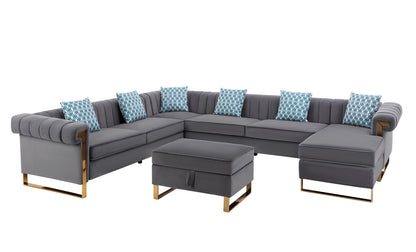 Maddie Gray Velvet 8-Seater Sectional Sofa with Reversible Chaise and Storage Ottoman