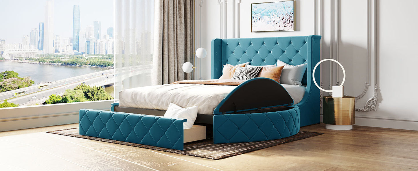 Upholstered Platform Bed Queen Size Storage Velvet Bed with Wingback Headboard and 1 Big Drawer,2 Side Storage Stool(Blue)