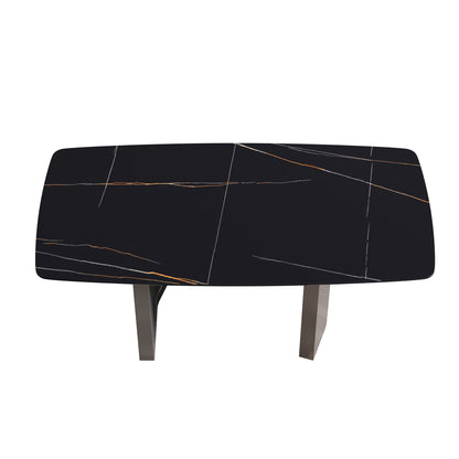 70.87"Modern artificial stone black curved black metal leg dining table-can accommodate 6-8 people