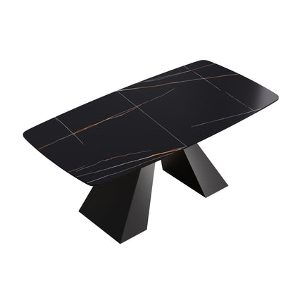 70.87"Modern artificial stone black curved black metal leg dining table-can accommodate 6-8 people