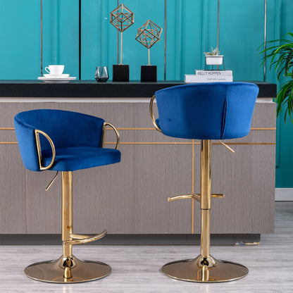 Set of 2  Bar Stools,with Chrome Footrest and Base Swivel Height Adjustable Mechanical Lifting Velvet + Golden Leg Simple Bar Stool-Navy