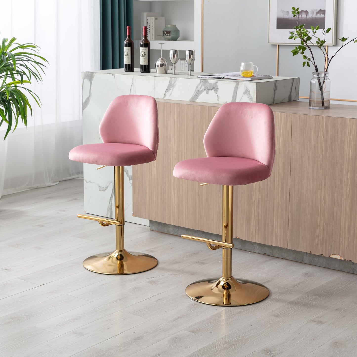 Swivel Bar Stools Chair Set of 2 Modern Adjustable Counter Height Bar Stools, Velvet Upholstered Stool with Tufted High Back & Ring Pull for Kitchen ,Chrome Golden Base,Pink