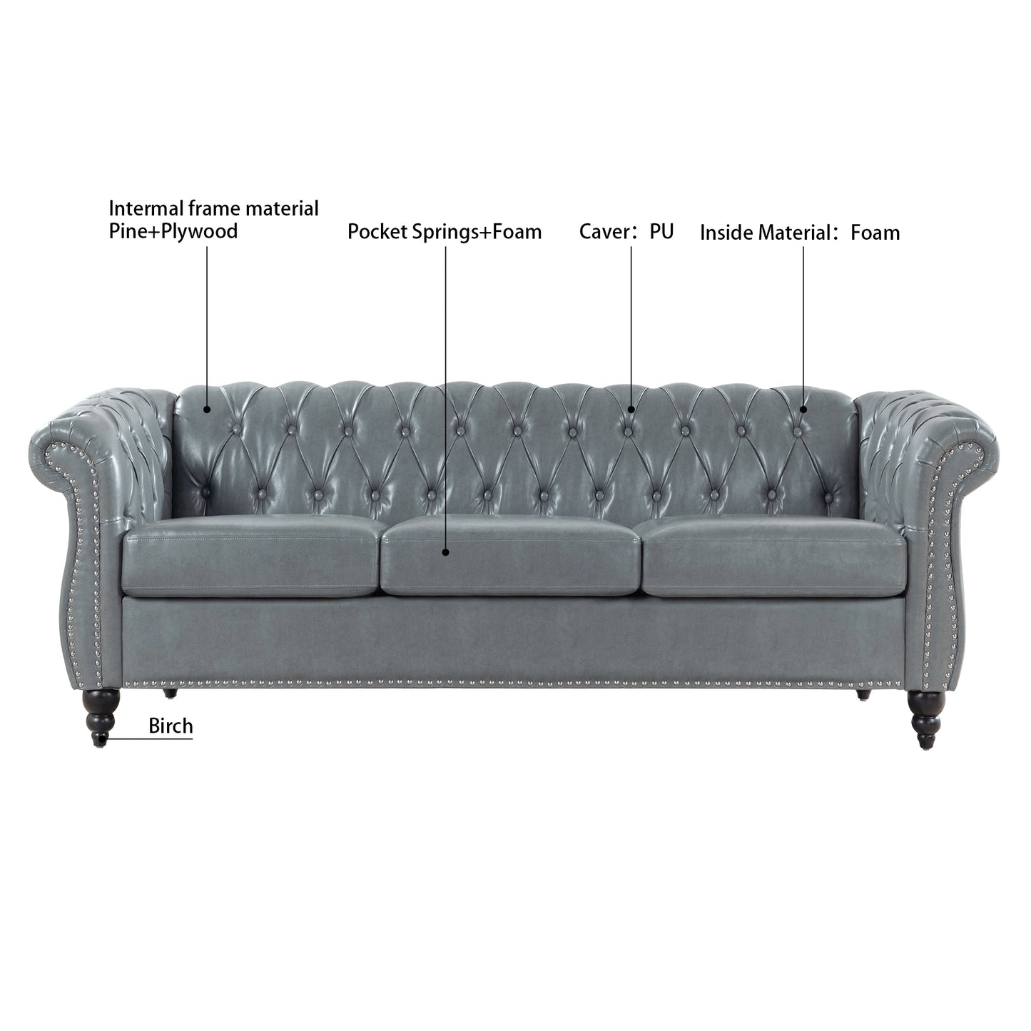 84" Rolled Arm Chesterfield 3 Seater Sofa.