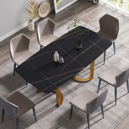 70.87"Modern artificial stone black curved golden metal leg dining table-can accommodate 6-8 people