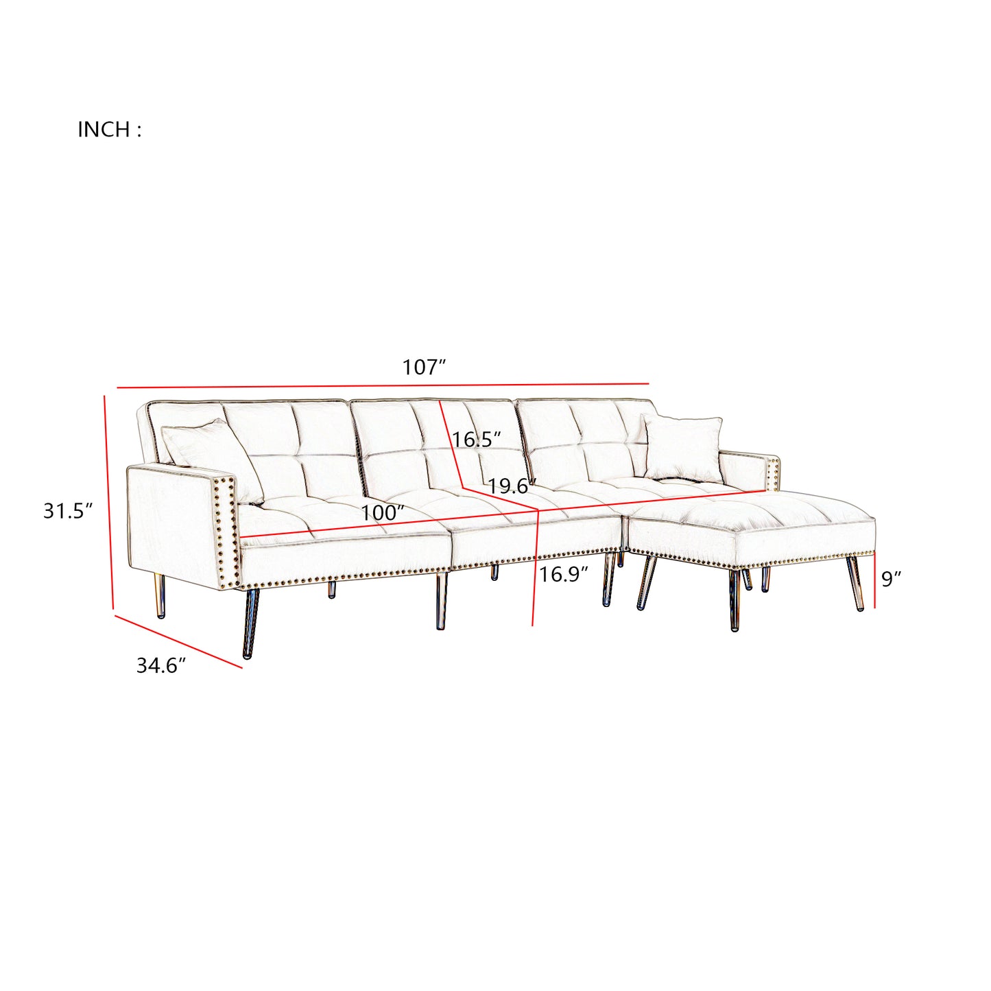 cream white Velvet Upholstered Reversible Sectional Sofa Bed , L-Shaped Couch with Movable Ottoman For Living Room.