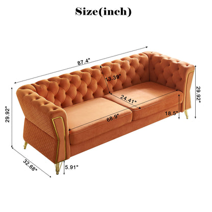 Modern Tufted Velvet Sofa 87.4 inch for Living Room Orange Color