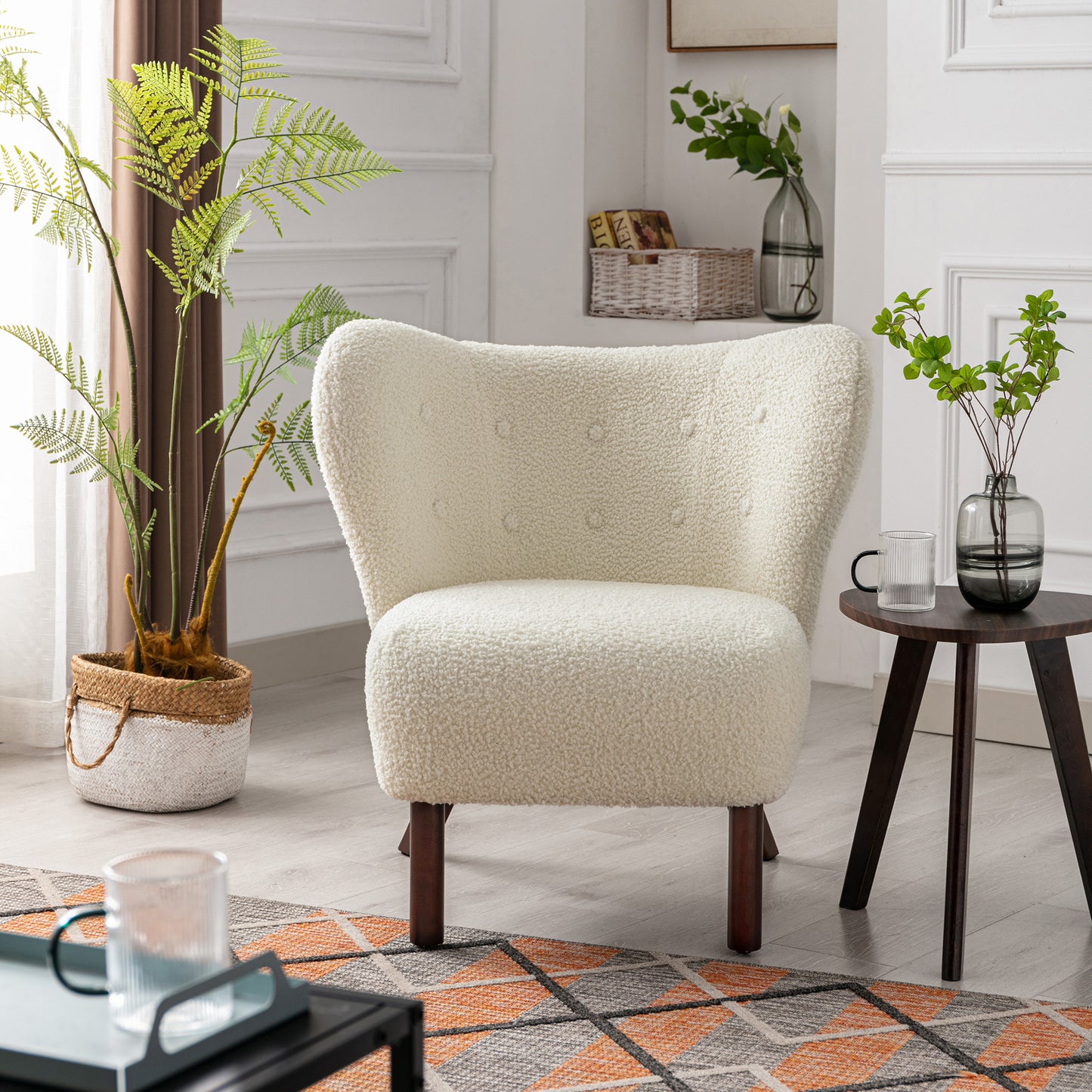 Modern Accent Chair Lambskin Sherpa Wingback Tufted Side Chair with Solid Wood Legs for Living Room Bedroom，Cream