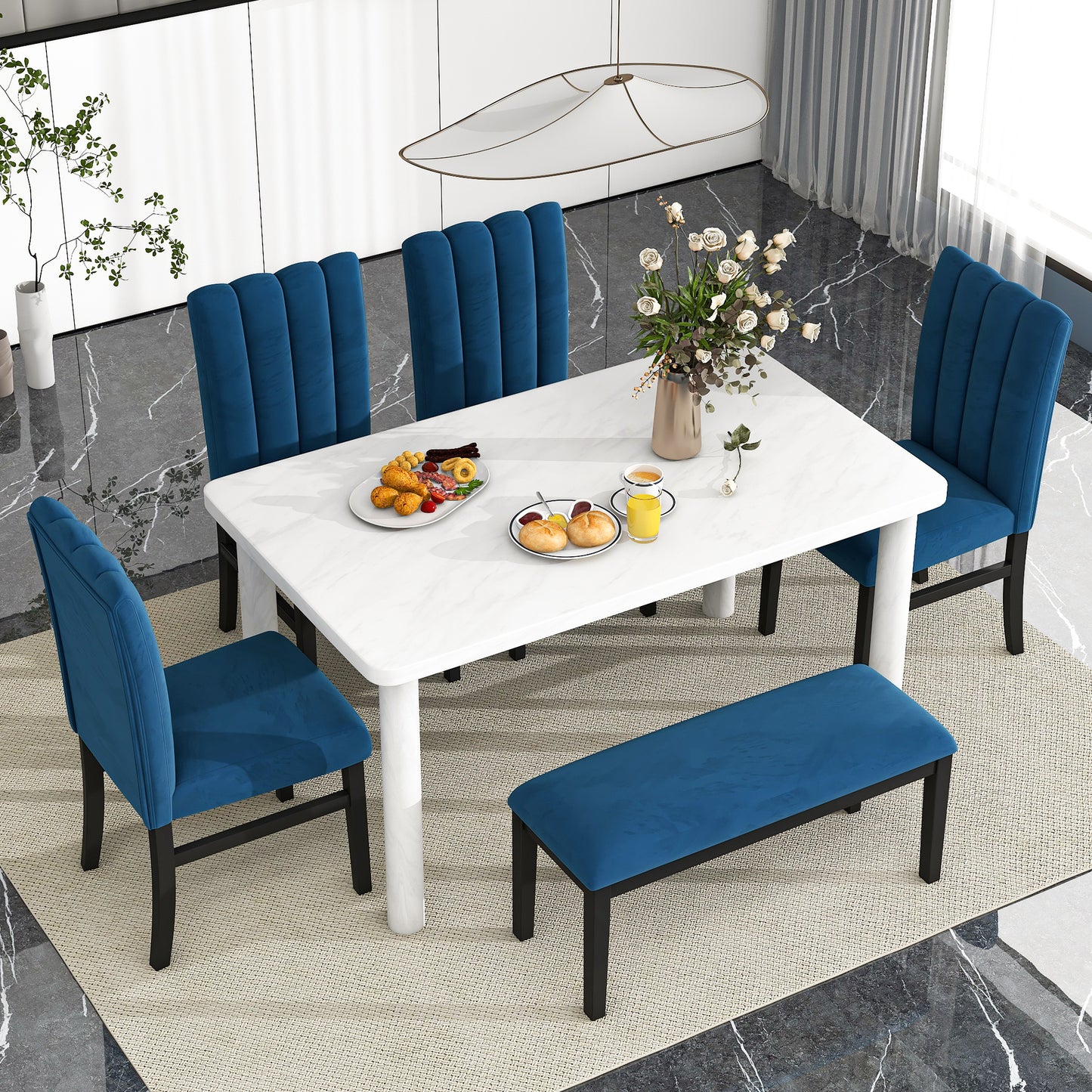 TREXM 6-Piece Dining Table Set with Marble Veneer Table and 4 Flannelette Upholstered Dining Chairs & Bench (White+Blue)