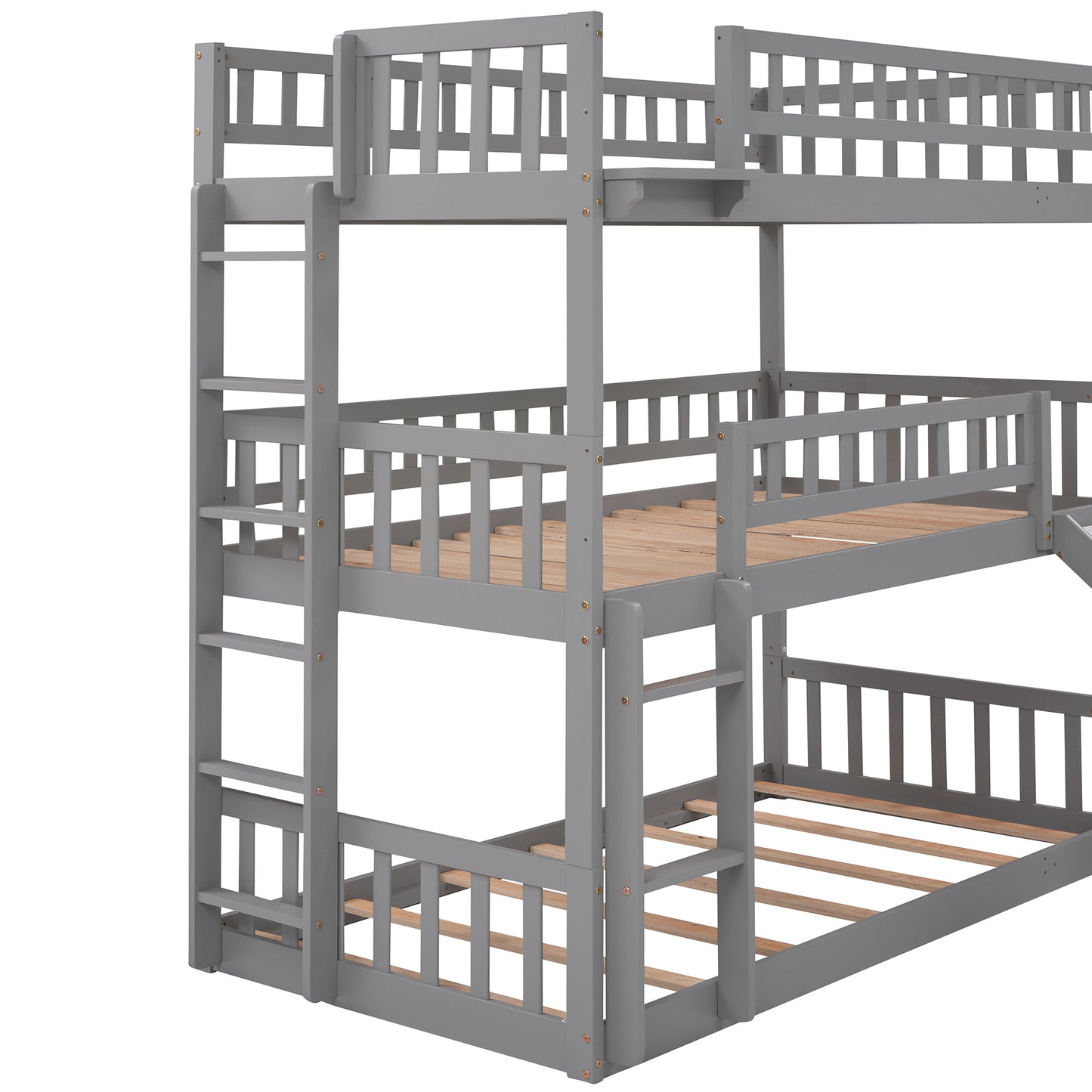 Twin-Over-Twin-Over-Twin Triple Bed with Built-in Ladder and Slide, Triple Bunk Bed with Guardrails, Gray(OLD SKU: LP000051AAE)