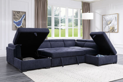 ACME Nekoda Storage Sleeper Sectional Sofa and Ottoman, Navy Blue Fabric 55520