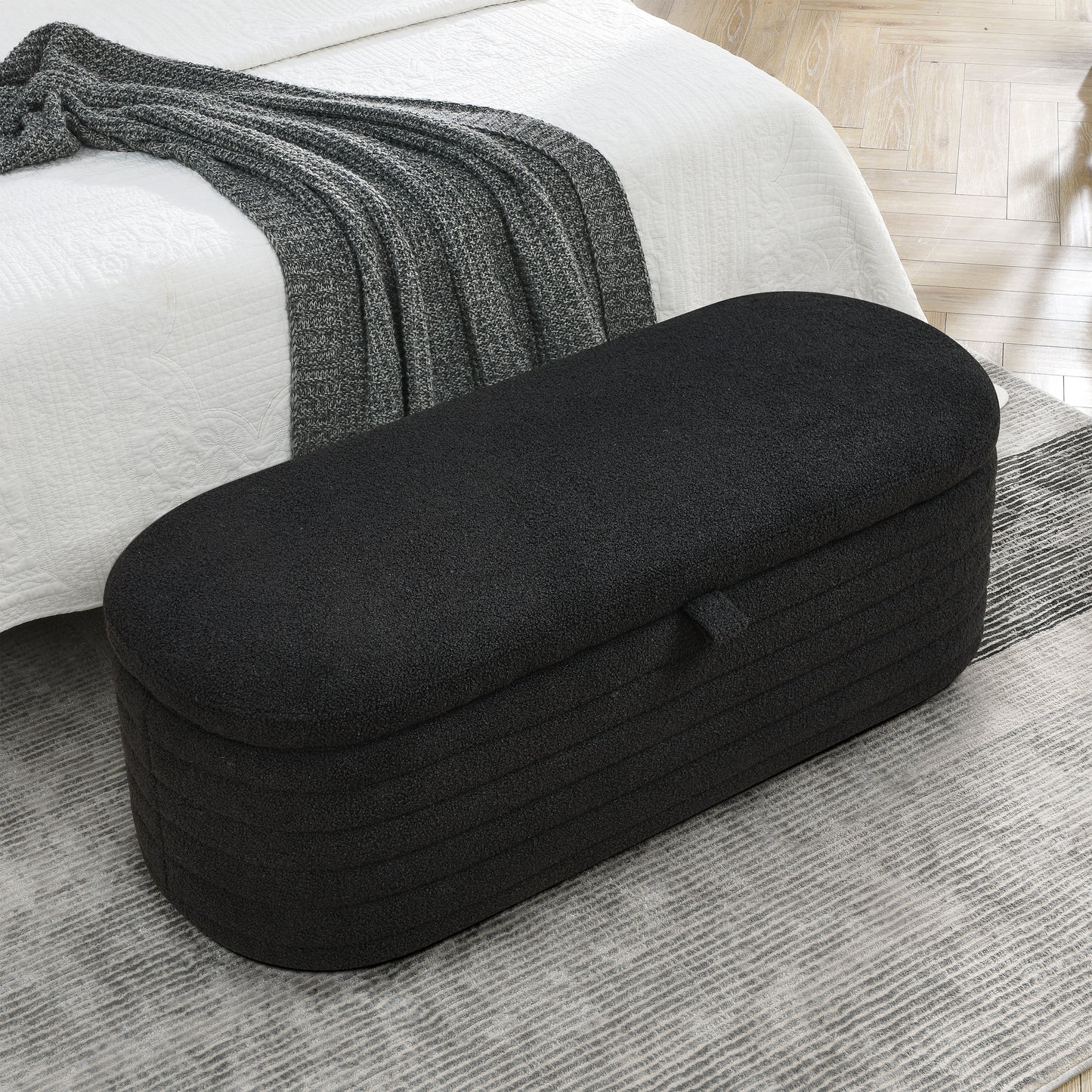 [Video] Welike Length 45.5 inchesStorage Ottoman Bench Upholstered Fabric Storage Bench End of Bed Stool with Safety Hinge for Bedroom, Living Room, Entryway, Black teddy.