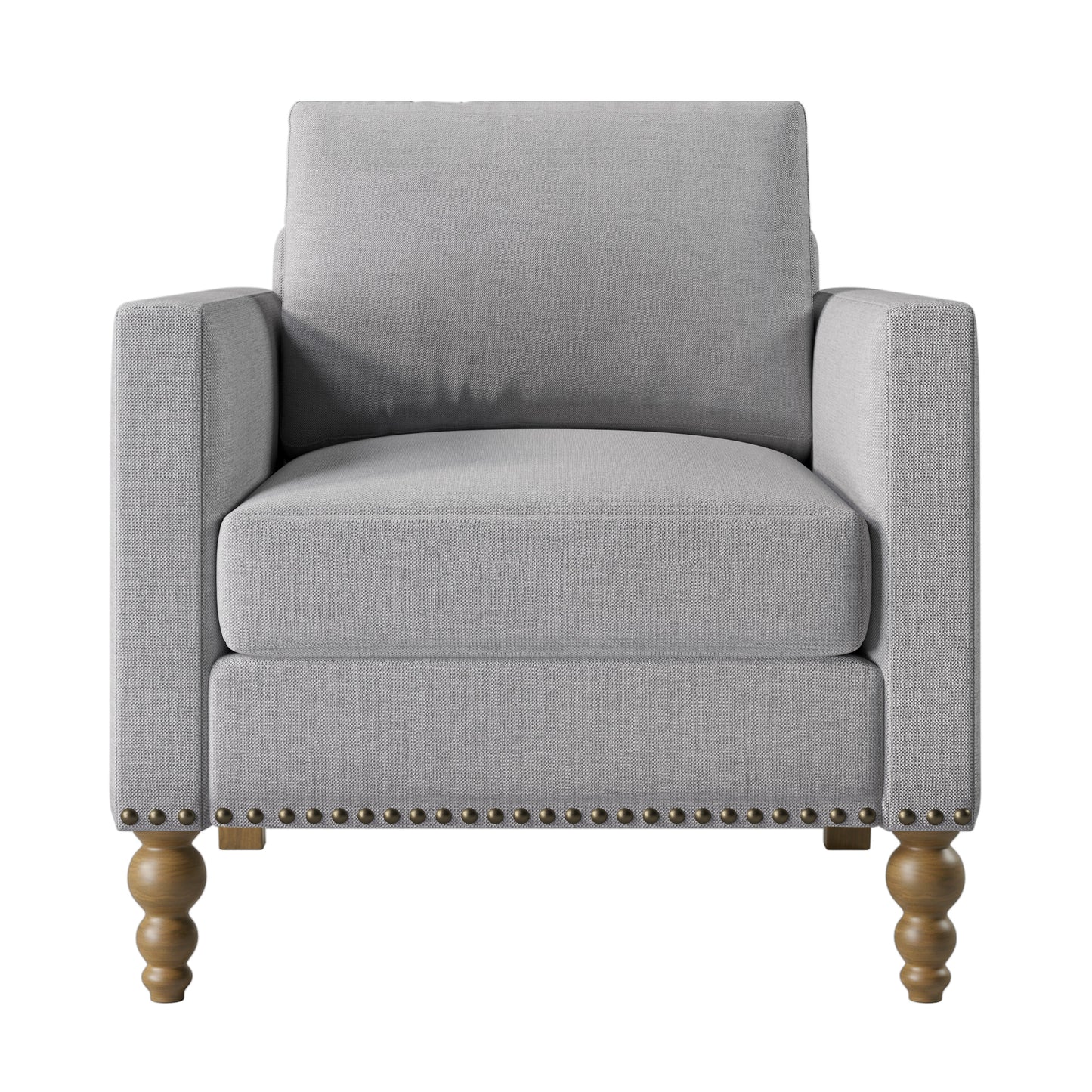 Classic Linen Armchair Accent Chair with Bronze Nailhead Trim Wooden Legs Single Sofa Couch for Living Room, Bedroom, Balcony, Light Gray