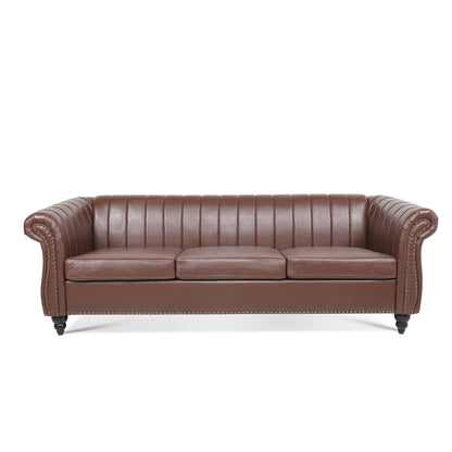 84'' Brown PU Rolled Arm Chesterfield Three Seater Sofa.