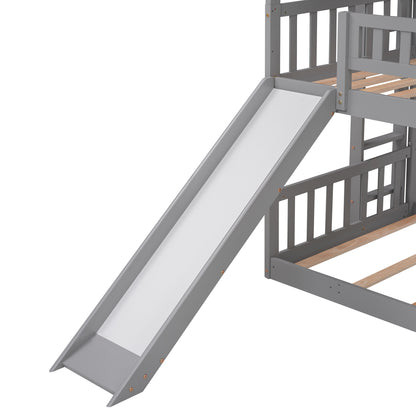 Twin-Over-Twin-Over-Twin Triple Bed with Built-in Ladder and Slide, Triple Bunk Bed with Guardrails, Gray(OLD SKU: LP000051AAE)