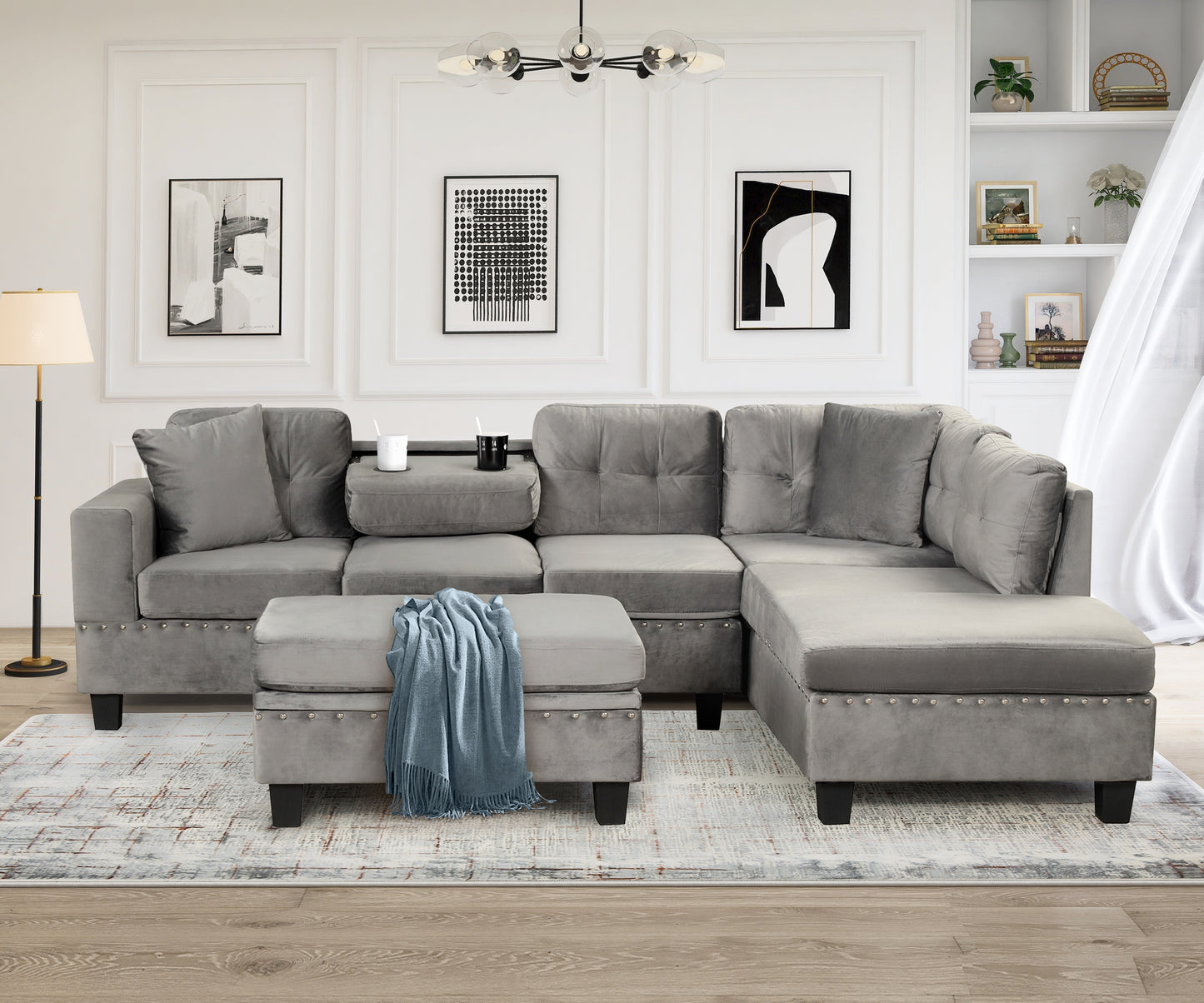 106.5" Modern Sectional Sofa with Storage Ottoman, L-Shape Couch with 2 Pillows and Cup Holder,Sectional Sofa with Reversible Chaise for Living Room,Gray