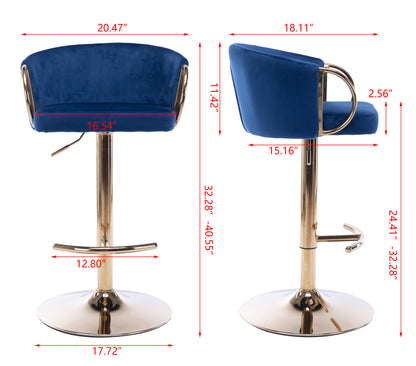 Set of 2  Bar Stools,with Chrome Footrest and Base Swivel Height Adjustable Mechanical Lifting Velvet + Golden Leg Simple Bar Stool-Navy