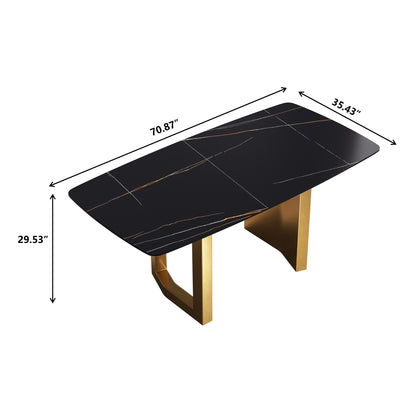 70.87"Modern artificial stone black curved golden metal leg dining table-can accommodate 6-8 people