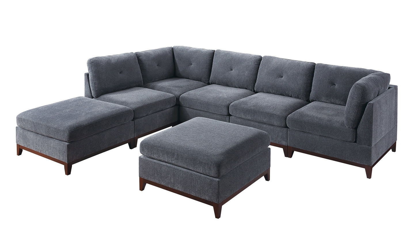 Ash Grey Chenille Fabric Modular Sectional 7pc Set Living Room Furniture U-Sectional Couch 2x Corner Wedge 3x Armless Chairs and 2x Ottomans Tufted Back Exposed Wooden Base