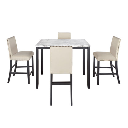 TOPMAX 5 Piece Counter Height Faux Marble Modern Dining Set with Matching Chairs and Marble Veneer  for Home, Beige