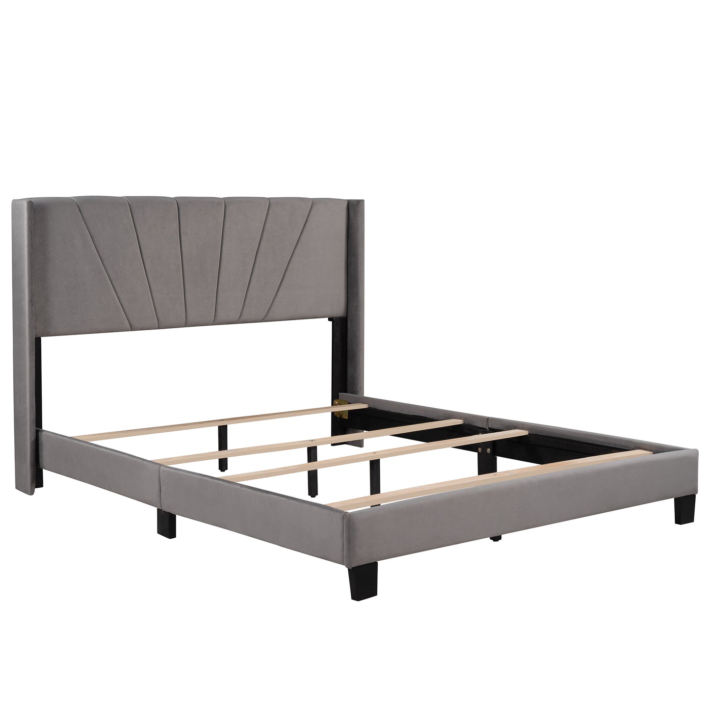 Queen Size Velvet Upholstered Platform Bed, Box Spring Needed - Gray