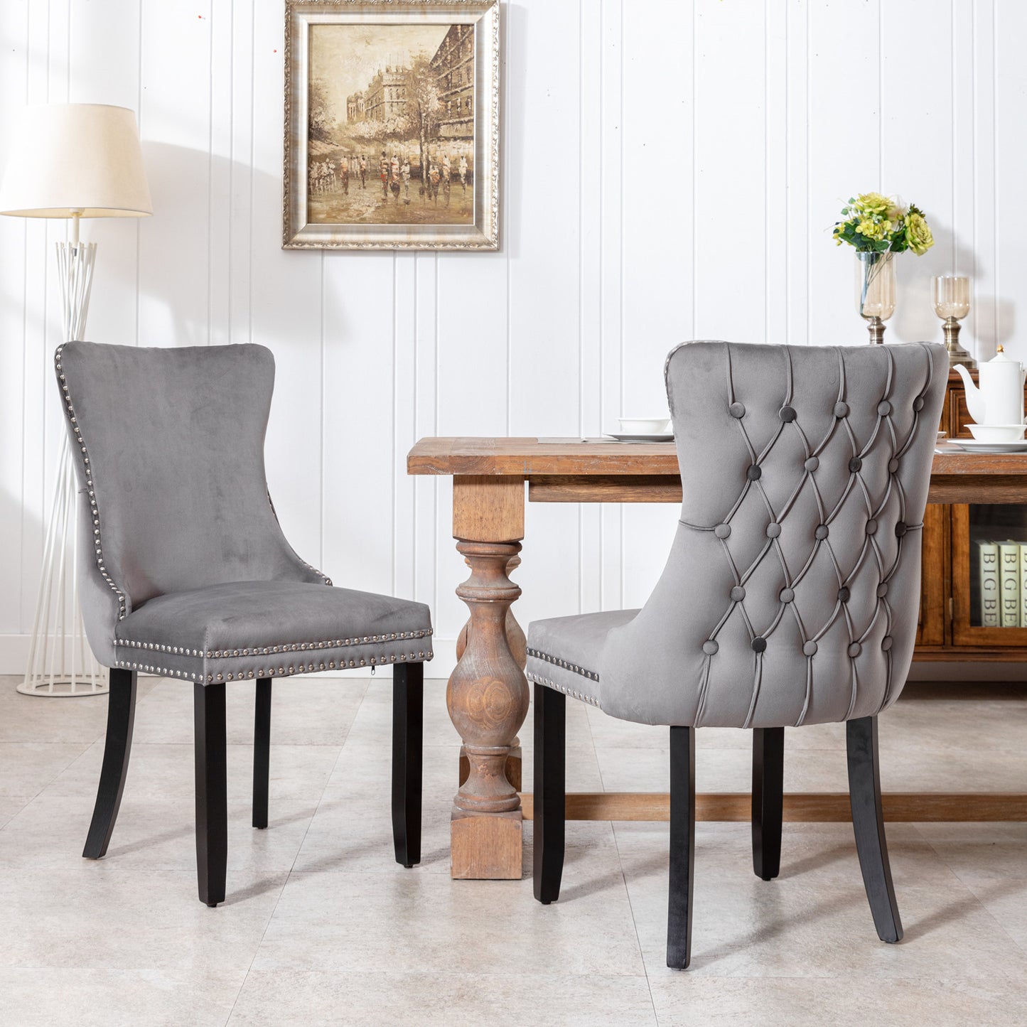 A&A Furniture,Upholstered Wing-Back Dining Chair with Backstitching Nailhead Trim and Solid Wood Legs,Set of 2, Gray,8809GY,  KD