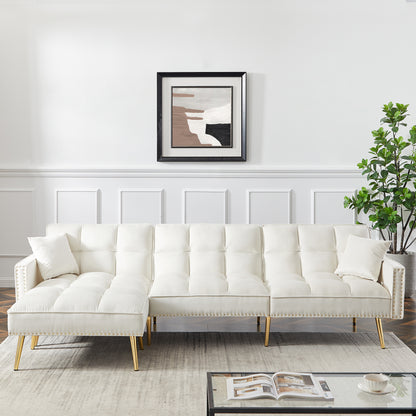 cream white Velvet Upholstered Reversible Sectional Sofa Bed , L-Shaped Couch with Movable Ottoman For Living Room.